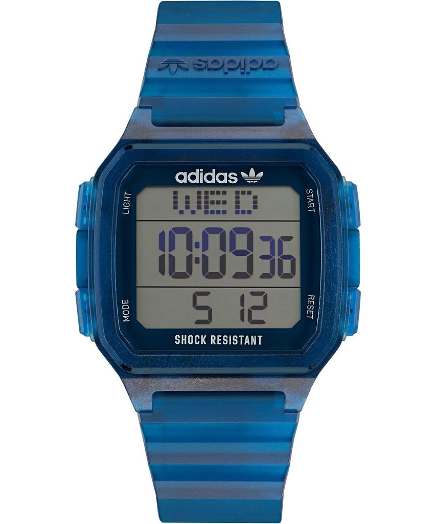 A digital watch with a blue, striped band and a digital display showing the time and day.