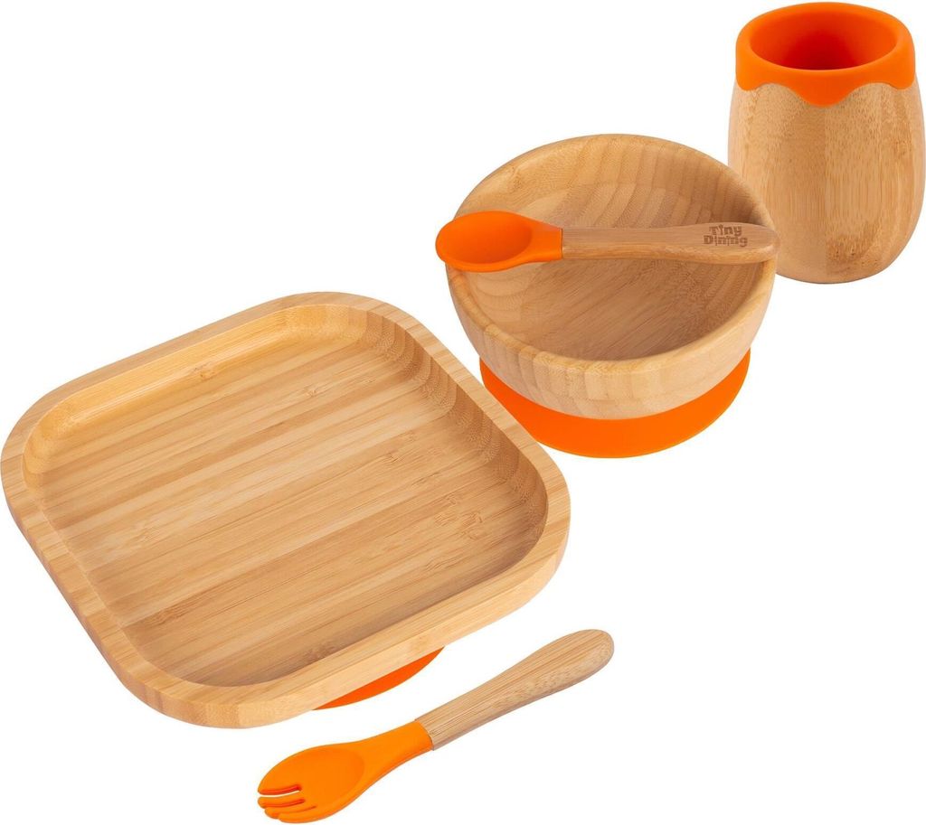 Tiny Dining 5-teiliges quadratisches Baby-Entwöhnungsset aus Bambus – Orange