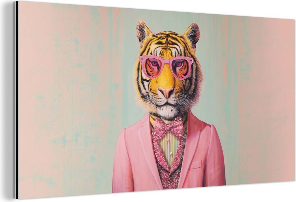 MuchoWow Wanddekoration Metall Metallbild Wandkunst 80x40 cm Tiger - Fliege - Jacke - Rosa MuchoWow Aluminium Gemälde - Wanddekoration - Alubild