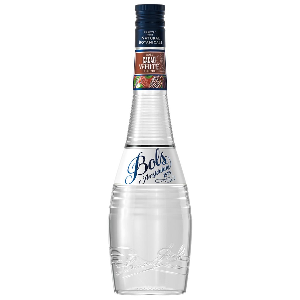 A clear product shot of a bottle of Bols Creme de Cacao white liqueur against a white background.