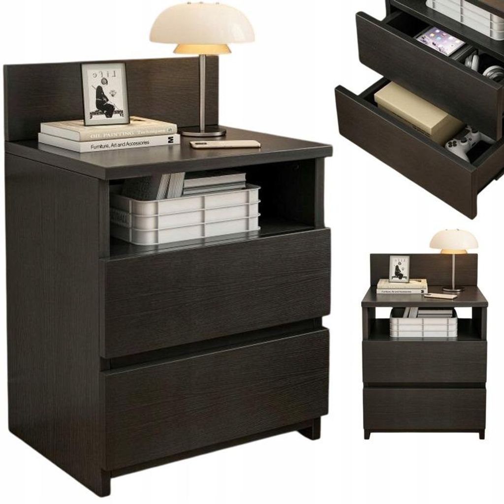 Chevet de chambre, 2 tiroirs, noir, style loft moderne Image du produit 