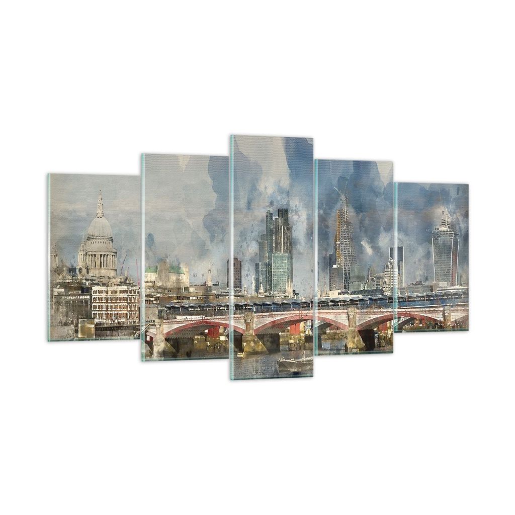 Bilder auf glas - 5 Teile - London Aquarell Panorama - 160x85cm - Glasbilder - Wandbilder - Bilder - zum Aufhängen bereit - Wanddekoration aus Gla...