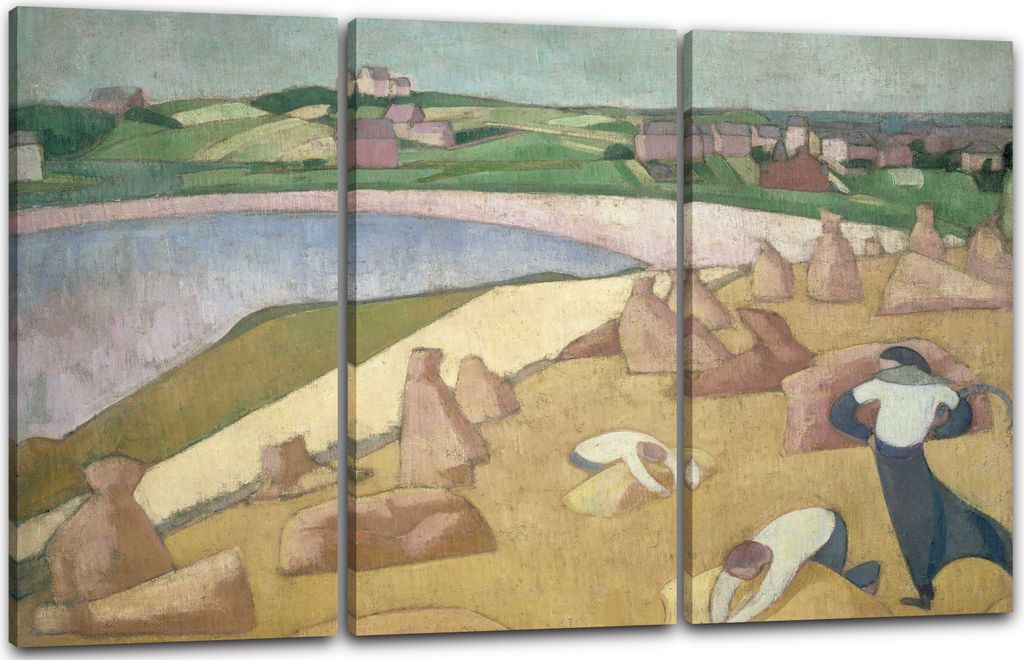 Leinwandbild 3-teilig (120x80cm): Landschafts-Malerei Arbeiter auf Weizenfeld Expressionismus, echter Holz-Keilrahmen inkl. Aufhänger, handgeferti...