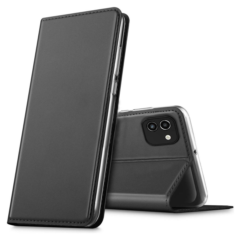 A black flip case for a smartphone is shown, with the phone inside the case in the background.