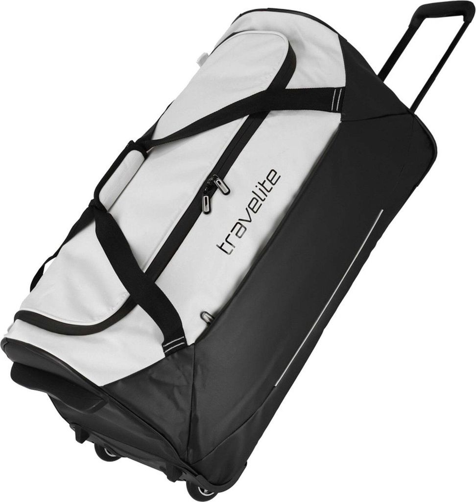 A white and black rolling duffel bag is shown against a white background.