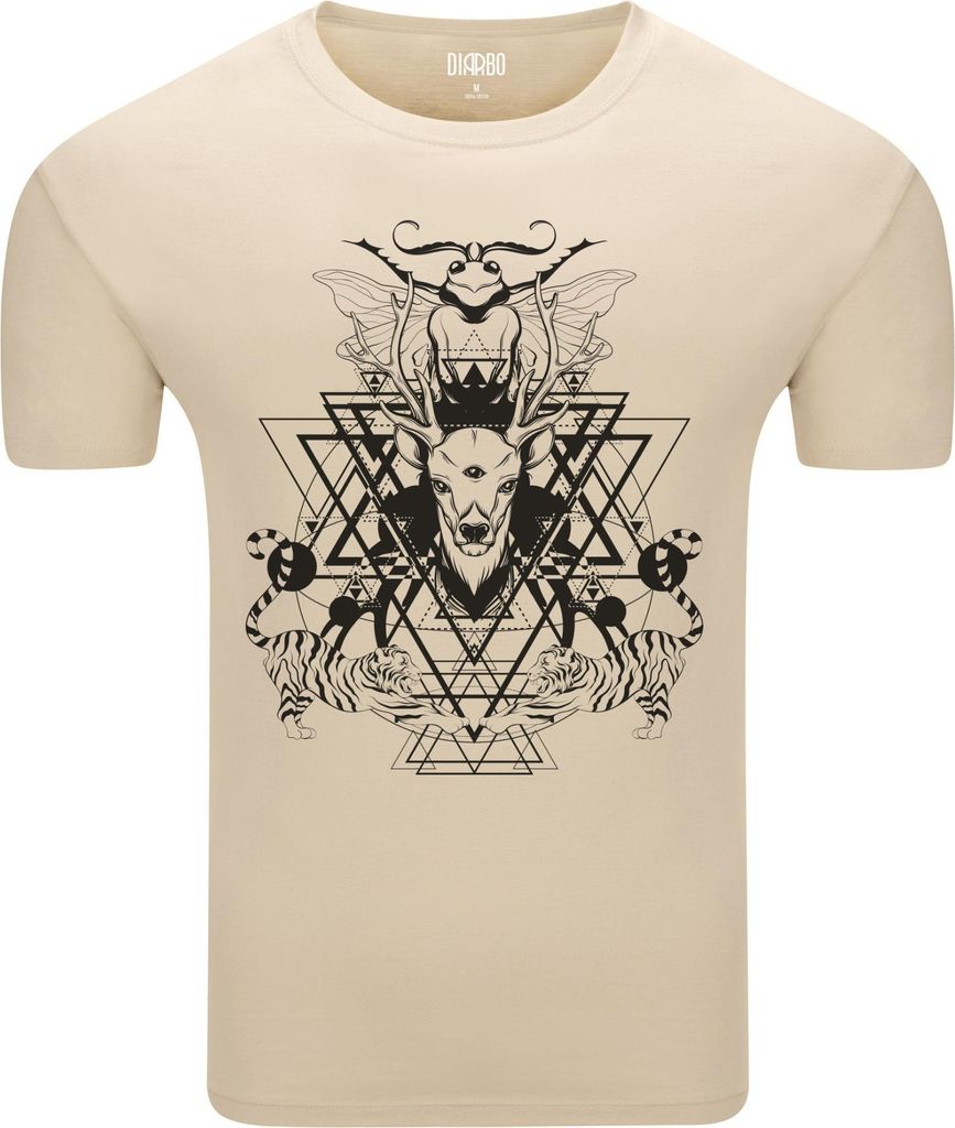 Diarbo Herren T-Shirt mit Abstraktem Druck Surrealer Hirsch und Tiger Beige Gr.XL