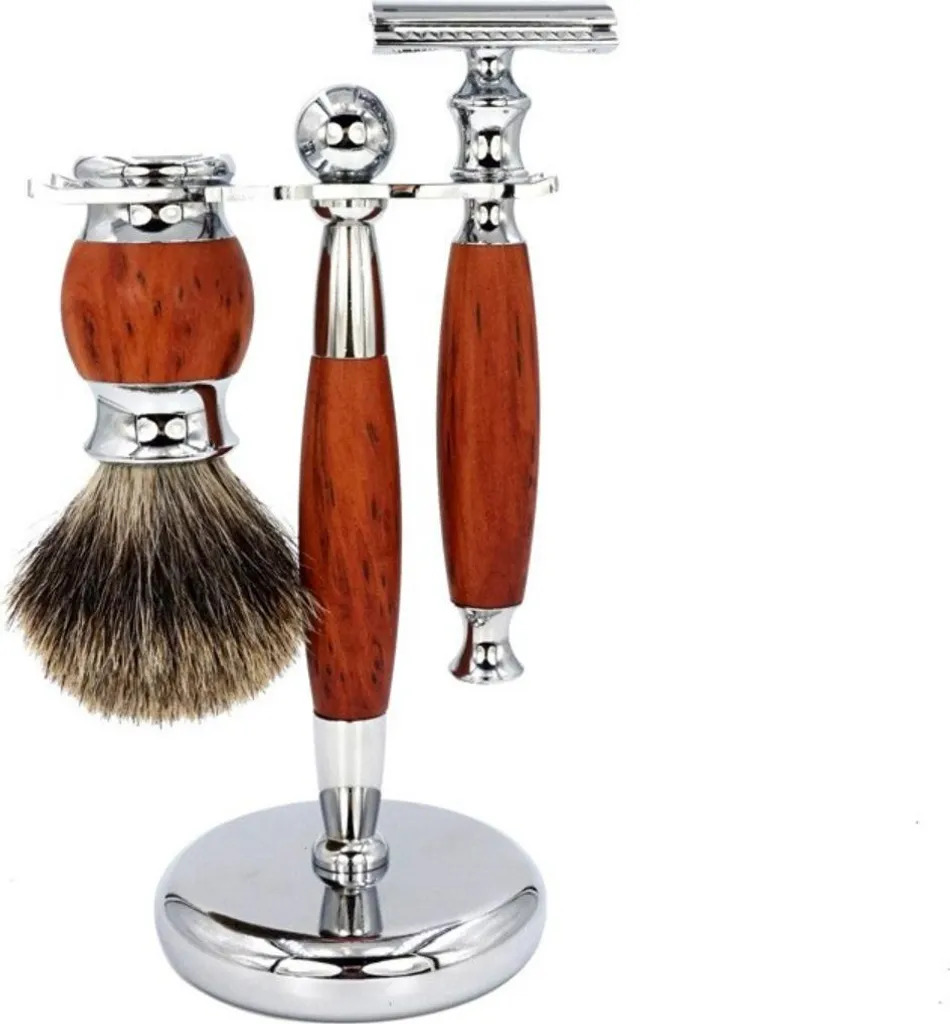 Set de Rasage Traditionnel pour Homme - Kit 3 Pièces Finition Bois Brun