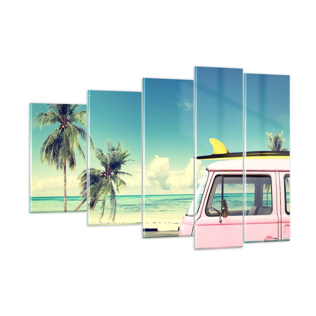Bilder auf glas - Auto Surfbrett Strand Ozean - 150x100cm - Glasbilder - Wandbilder - Kunstdruck - zum Aufhängen bereit - Wanddekoration aus Glas ...