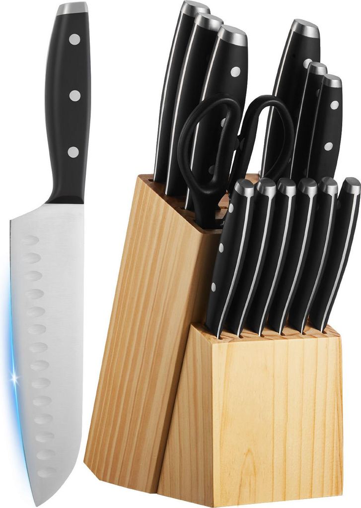 SucceBuy 15-teiliges Küchenmesserset mit Messerblock aus Holz und Wetzstahl, Messer aus hochwertigem Edelstahl, ergonomische Griffe und Küchensch...