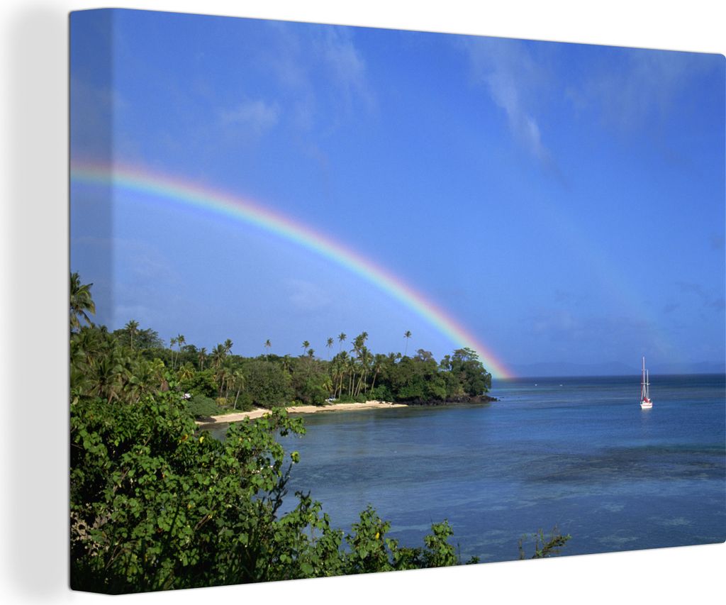 OneMillionCanvasses - Leinwandbilder - 140x90 cm, Ein Segelboot auf dem Wasser neben einem Regenbogen, Wandbilder Kunstdruck Wanddekoration