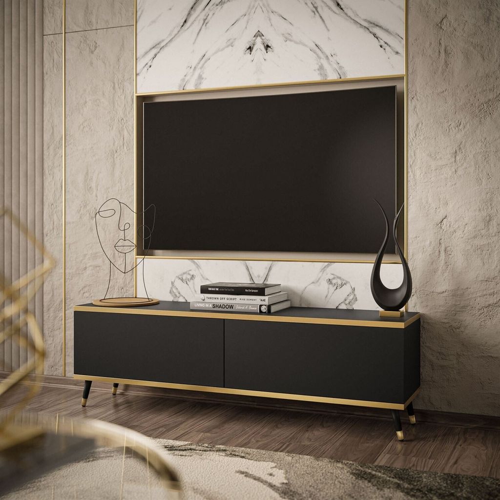 A modern living room with a TV stand and television.