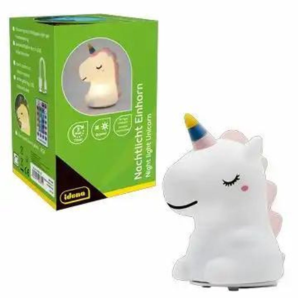 Idena LED Nachtlicht Einhorn mit Fernbedienung weiß 14cm USB Lithium Ionen Akku