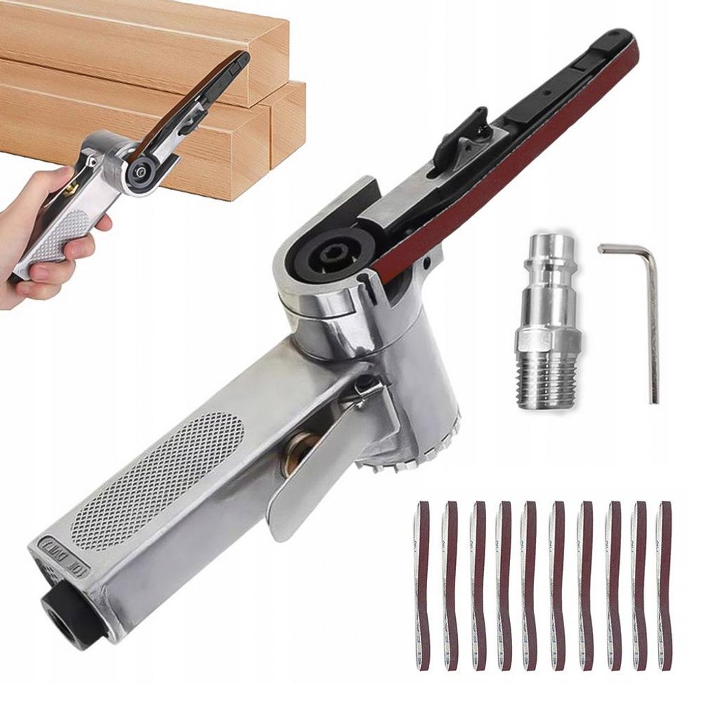 Druckluft Bandschleifer, Luftbandschleifer 10mm 330mm mit 10 Schleifbändern - stufenlos verstellbar, 16000 U/min, Schleifen Polieren Verschiedene ...