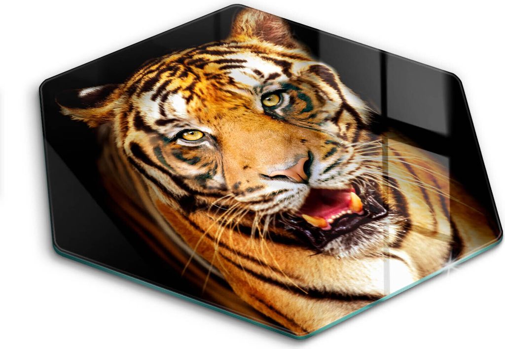 Glasschneideplatte - Herdabdeckplatte - Hexagon 40 cm -Schneidebrett - Spritzschutz - Wildtier Tiger