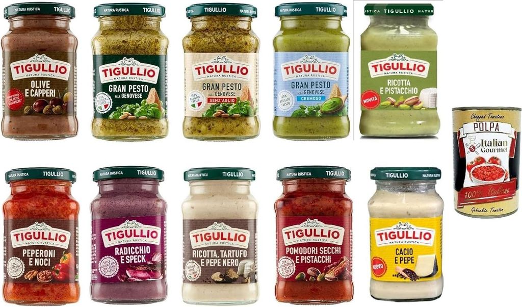 Tigullio Gourmet Saucen-Set, 10 x 190g, Pesto alla Genovese, Cacio e Pepe, Ricotta mit Trüffel, Pistazie, Oliven und weitere Sorten, Italienische ...