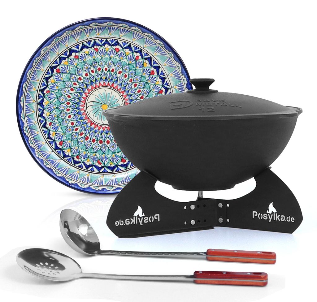 Kasan aus Gusseisen, Aluminiumdeckel, flacher Boden, Ø 42,5 cm, 12 l + Untersetzer + Lagan Ø 37 cm + Küchenzubehör