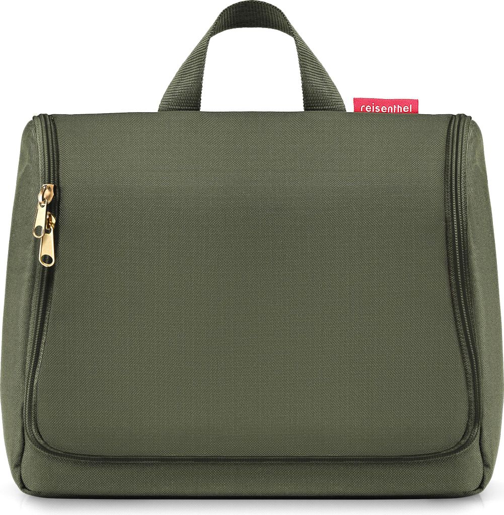 A studio shot of a green toiletry bag.