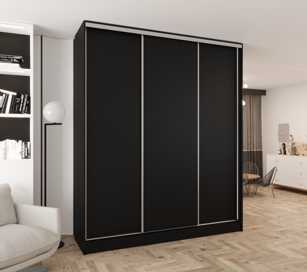 Schwebetürenschrank 3-türig 170x250x58 cm schwarz mit 2 Schubladen – Moderner Kleiderschrank für Schlafzimmer und Flur, großer Kleiderschrank...