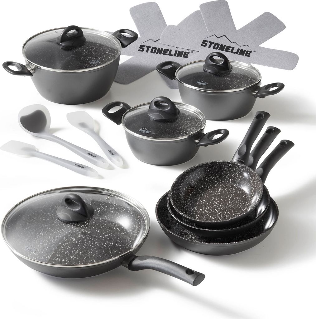 A collection of cookware and utensils arranged on a white background.