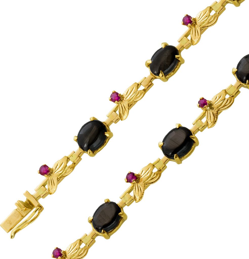 Beryll Armband Gold 750 18K Katzenauge Rubine Antikschmuck 18