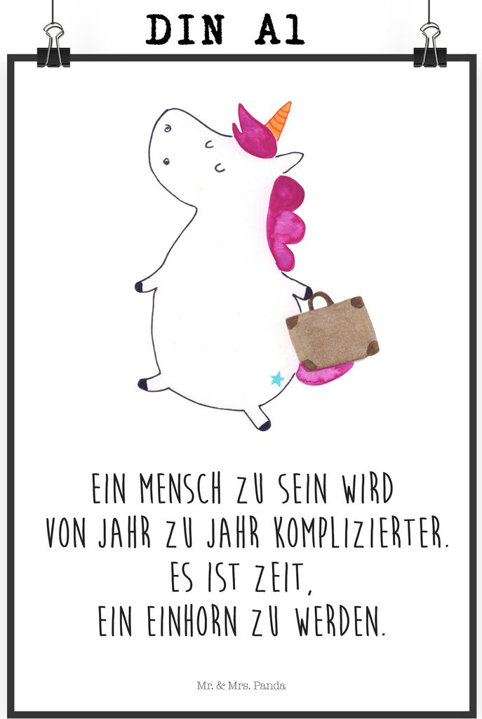 Mr. & Mrs. Panda Bild Einhorn Koffer DIN A1 - Weiß - Geschenk, Reise, Plakat, Albern, drucke, Wandbild, Spaß, Einhörner, wanddeko, wandkunst, Ab...