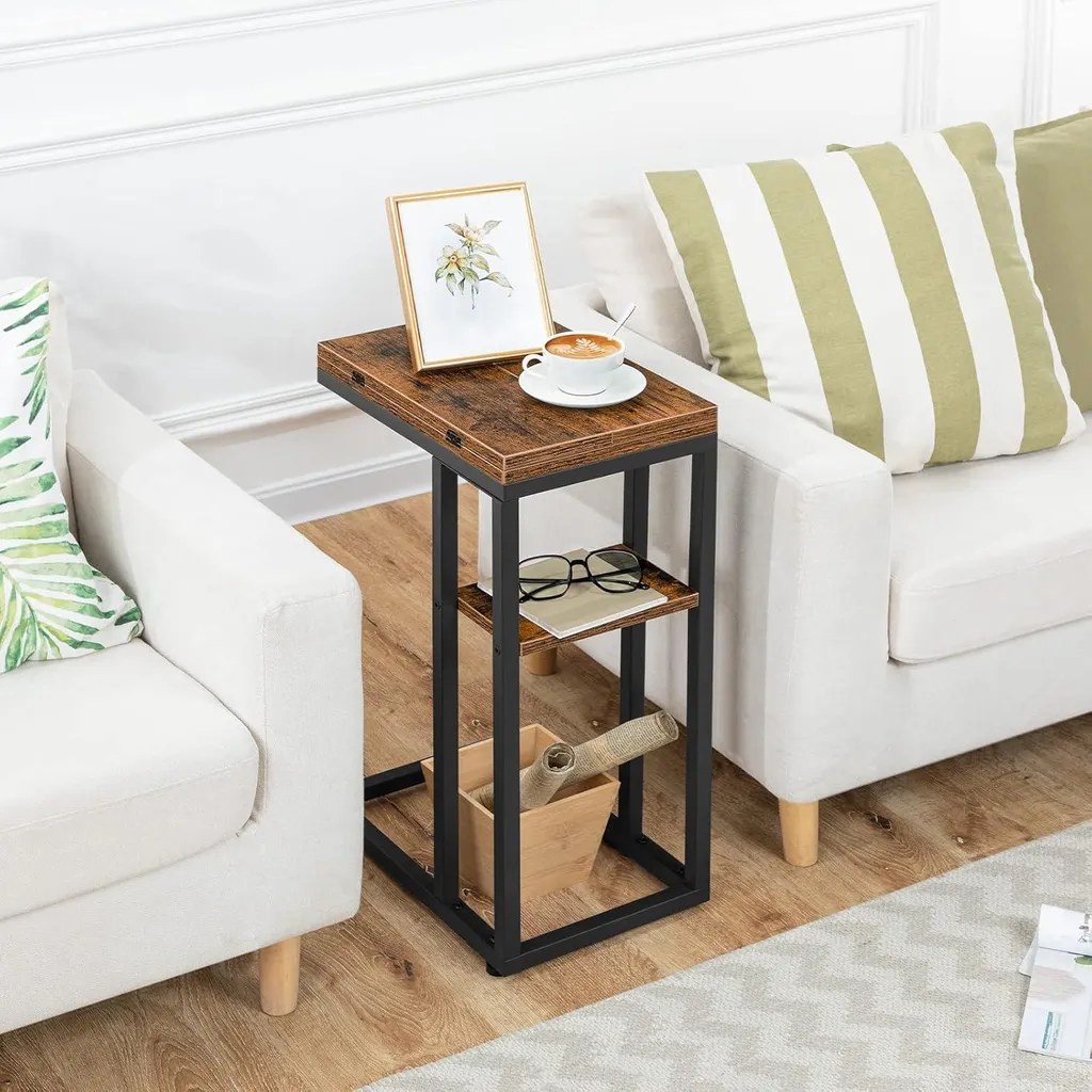 Bout de canapé pliant Table d'appoint en C avec étagère de rangement bois