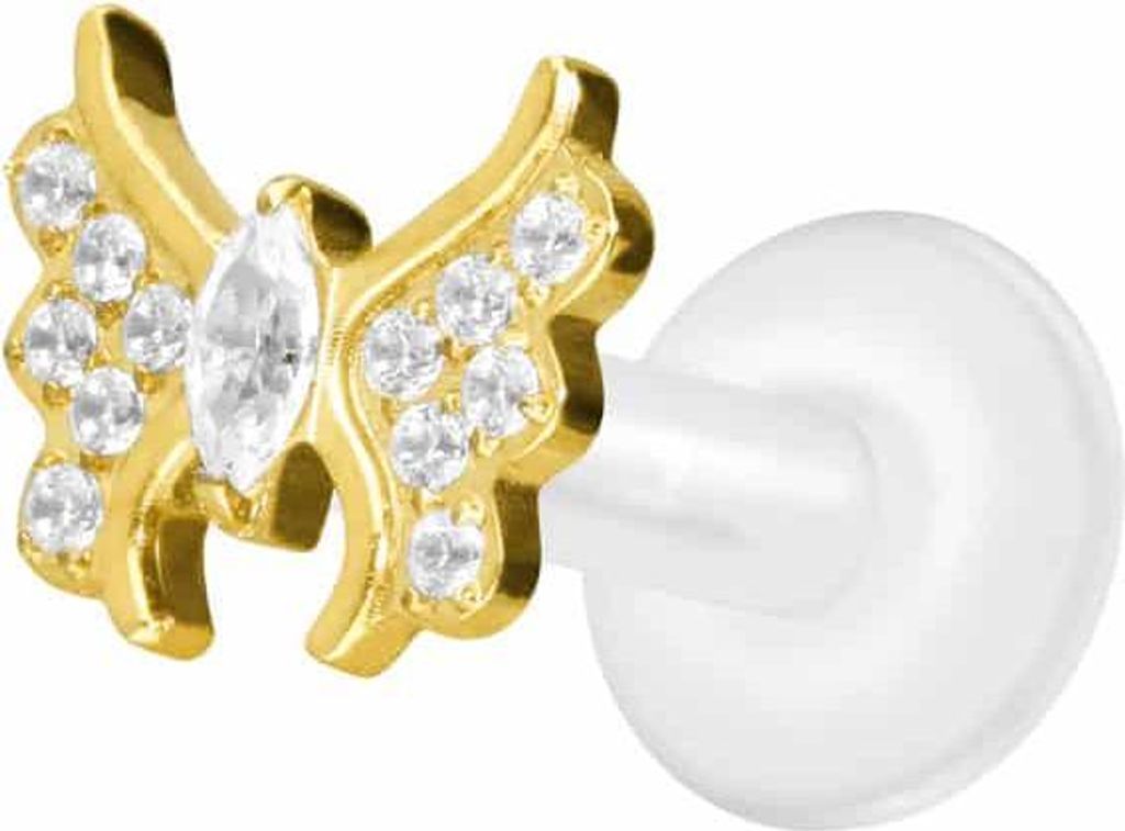 Ohrpiercing, Nasenpiercing PTFE Labret mit Innengewinde + Titan-Aufsatz KRISTALLSCHMETTERLING Gold Stablänge: 6mm | Stabstärke: 1,6mm