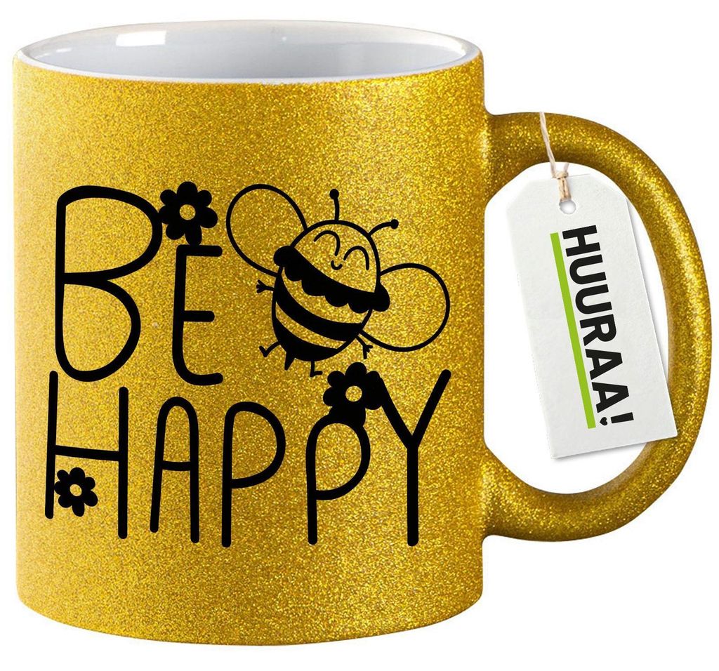 Huuraa Glitzertasse Be Happy Biene 330ml Gold Keramik Kaffeebecher Geschenkidee