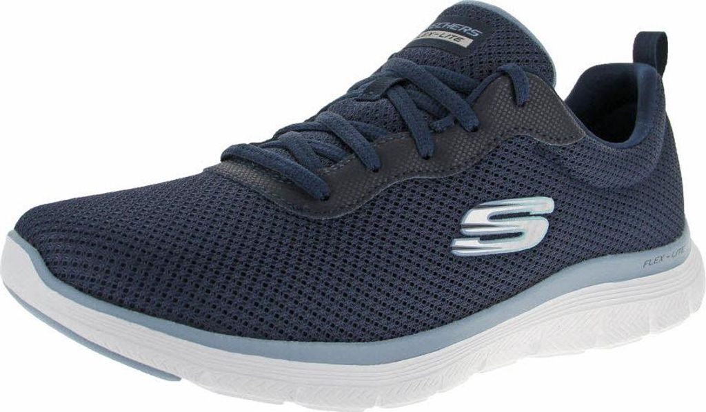 A single blue Skechers shoe is shown from a side angle against a white background.