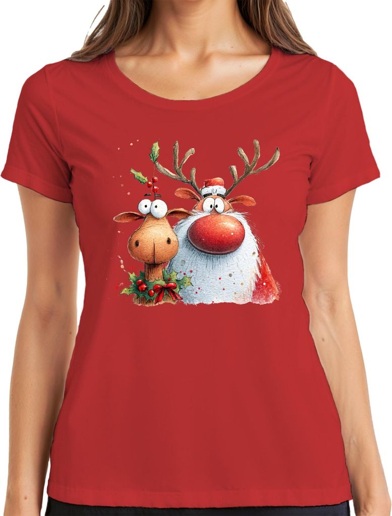 Weihnachten Rentiere Lustige rotes Näschen Geschenk Retro Vintage Damen T-Shirt, Rot, M