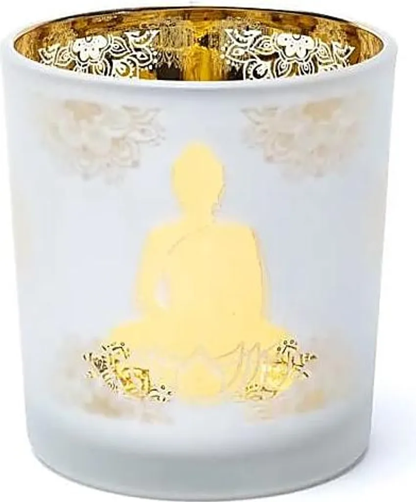 Lot de 2 Porte-bougies Bouddha en Verre Dépoli et Métal Décoratif