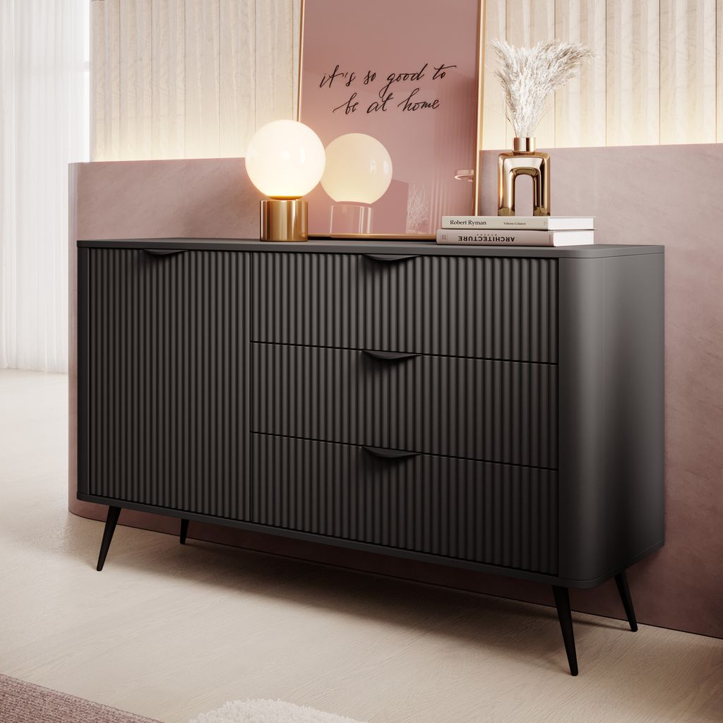 AX LIVING Modern Schubladen Sideboard schwarz Vespasia 138T3S 138,2 cm
