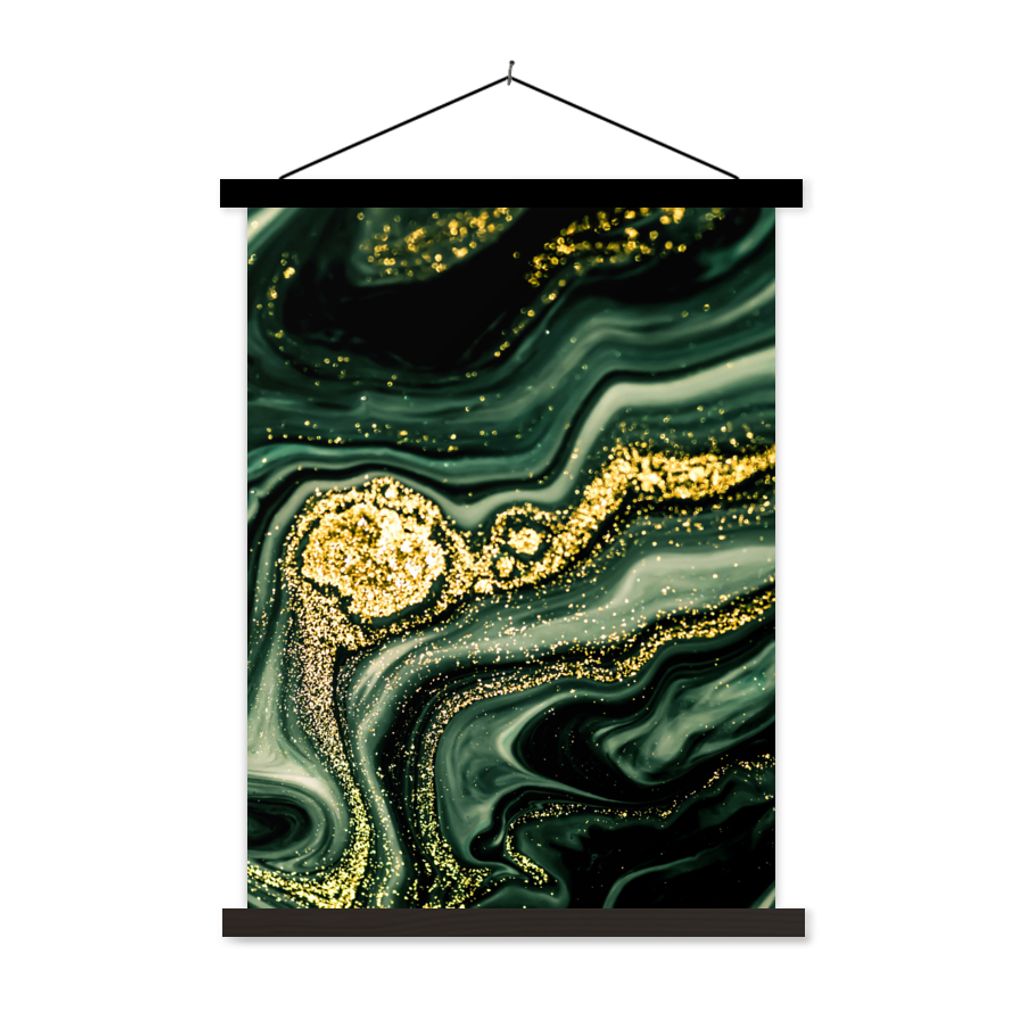 MuchoWow Textilposter Marmor - Gold - Glitter - Grün - Marmoroptik - Luxus 90x120 cm mit schwarzem Rahmen - Dekoration