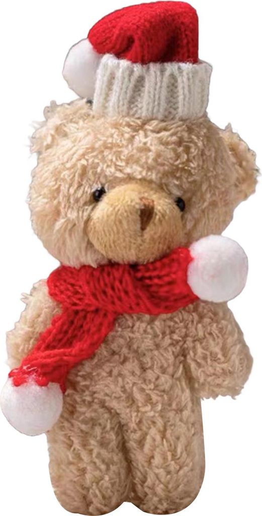 Plüschbär-Weihnachtsdekoration, kleiner Stoffbär mit Strickmütze und Schal, niedliches Tier, Tischdekoration für Weihnachtsfeiern