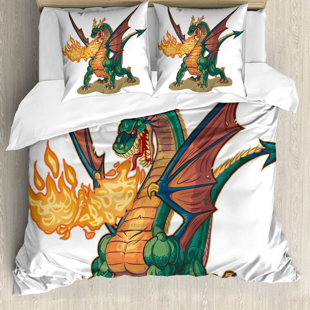 ABAKUHAUS Drachen Bettbezug, Mythische Monster-Maskottchen, Milbensicher Allergiker geeignet mit Kissenbezügen, 200 cm x 200 cm - 80 x 80 cm, Dark...