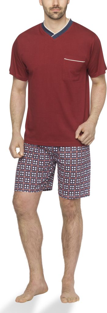 Moonline - Herren Shorty Schlafanzug kurz Pyjama mit karierter Hose aus 100% Baumwolle ; Bordeaux , 3XL