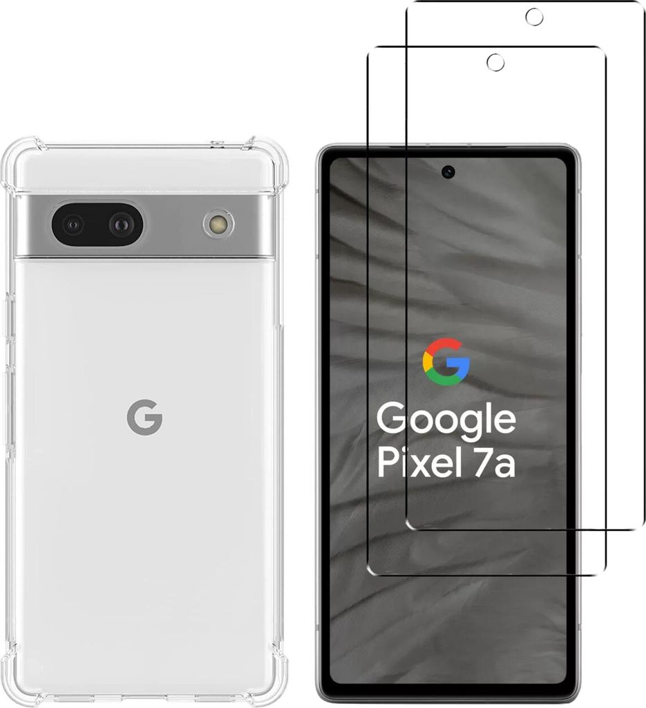A clear, professional shot of a Google Pixel 7a phone case and two screen protectors, presented side-by-side against a white background.