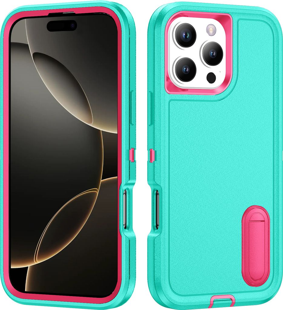 Hülle für iPhone 16 Pro Hybrid Dreilagige Robust Stoßfest Schwerlast Schutzhülle mit Ständer Türkis