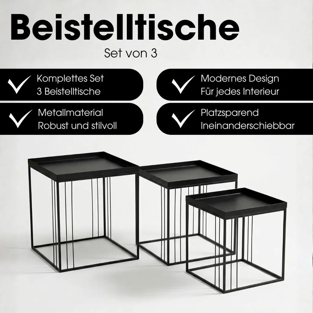Table d'appoint salon pour petits espaces - Set de 3 tables Beth noir - 2