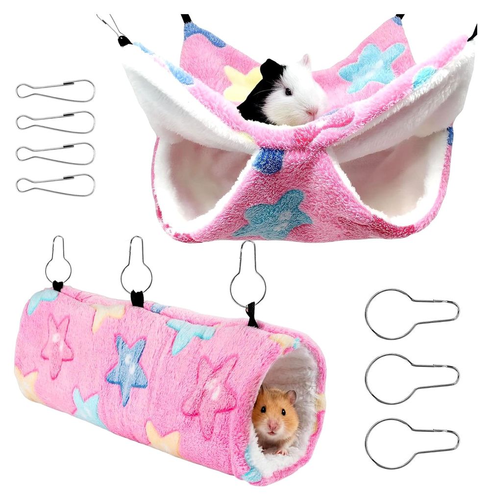 2 Stück Hängematte und Tunnel Set für Meerschweinchen, Waschbar Weiches Zubehör für Frettchen, Haustierkäfig Zubehör für Hamster, Kaninchen...
