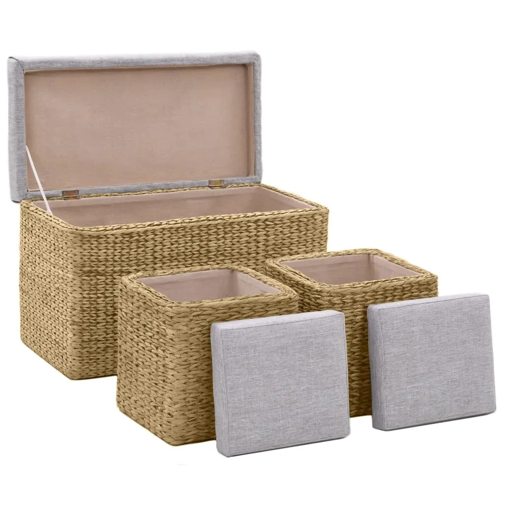 Banc design gris en jonc de mer tressé avec 2 ottomans d'appoint chic - 5