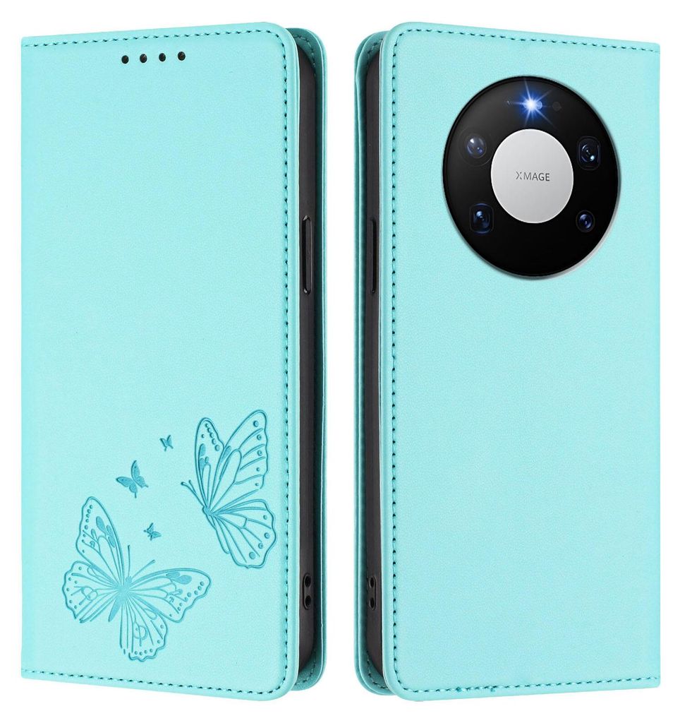 Lederhülle für Huawei Mate 80 Pro Max, Schmetterling Prägung Leder Brieftasche Schutzhülle mit Ständer Türkis