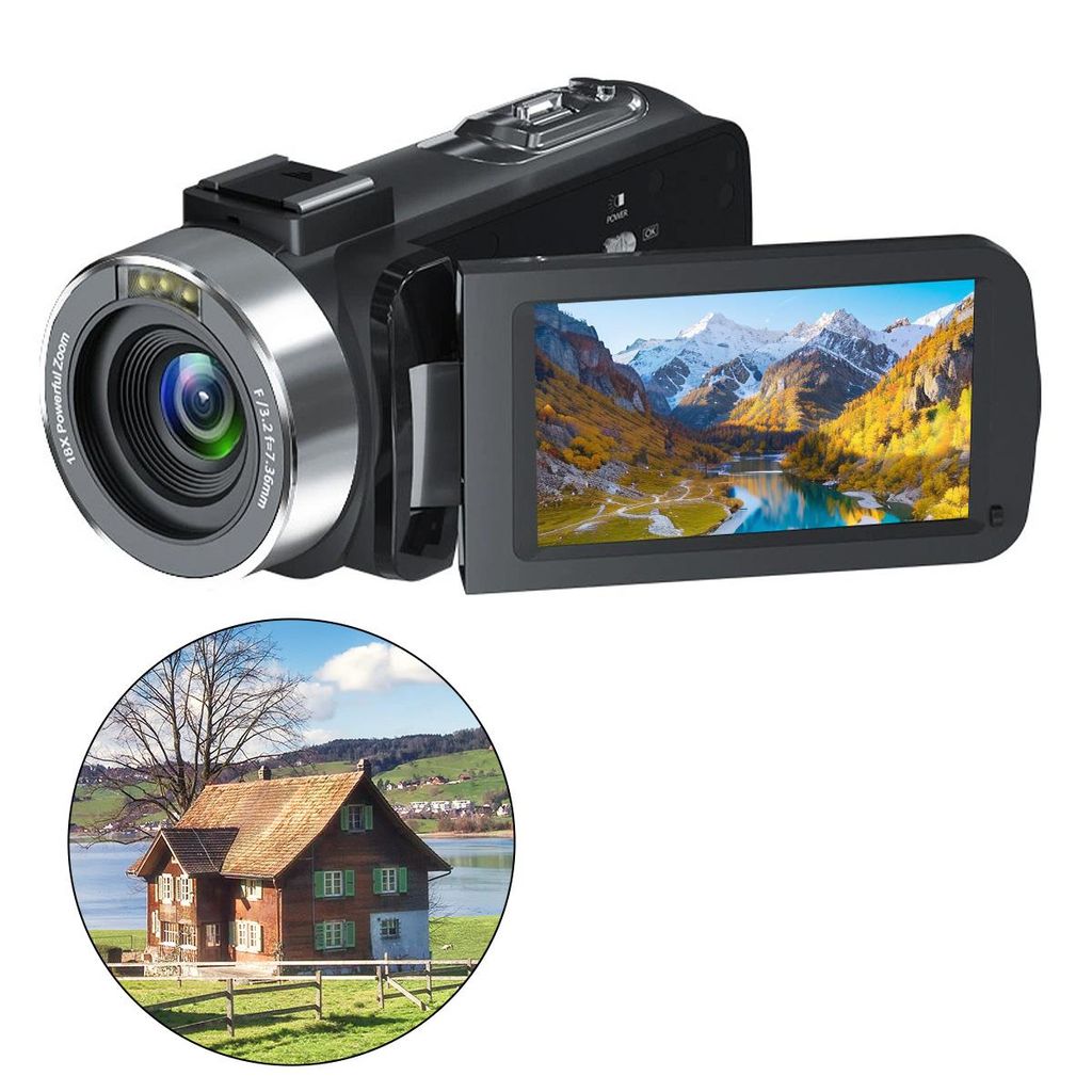 Camcorder Videokamera 1080P 48MP – Digital Camcorder mit 18X Digitalzoom & LED-Fülllicht | 3" 270° drehbarer Bildschirm für YouTube