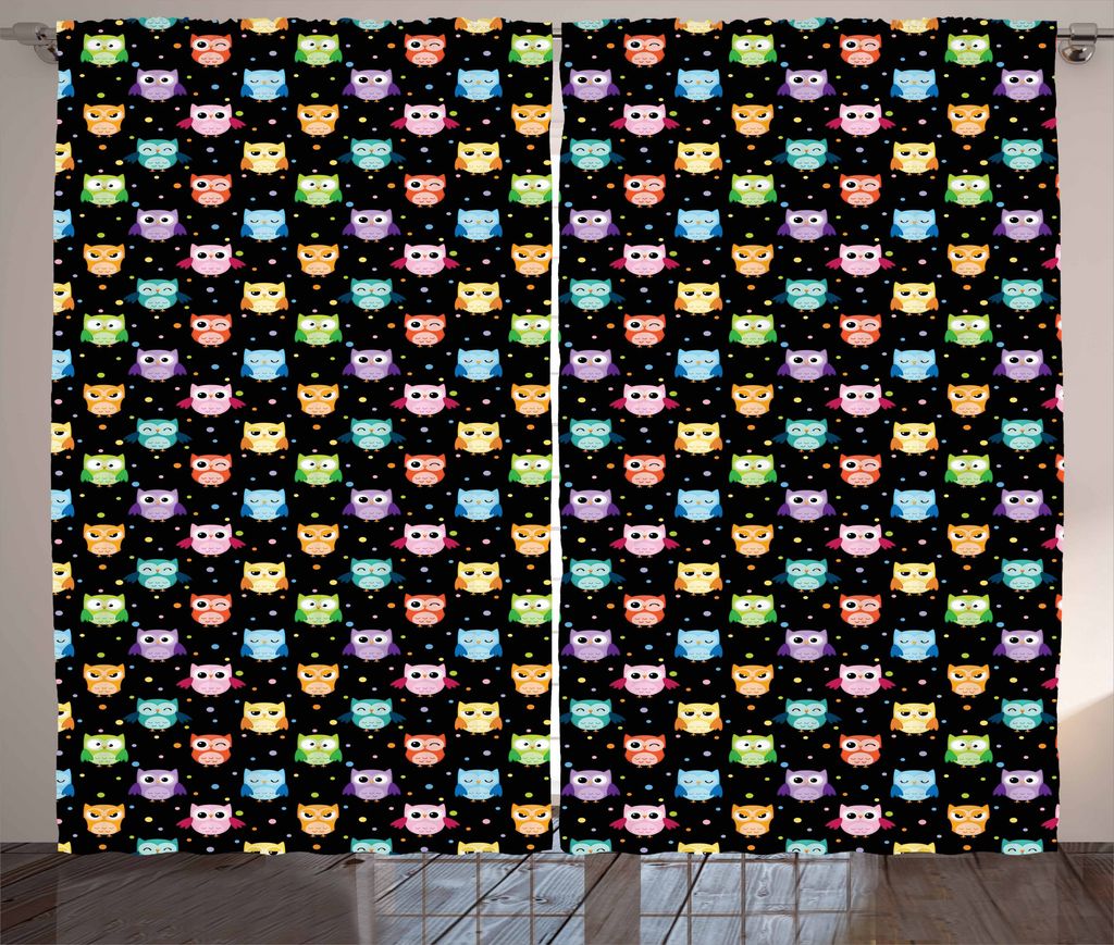 ABAKUHAUS Eulen Rustikaler Vorhang, Lustige Confused Ernst, Wohnzimmer Universalband Gardinen mit Schlaufen und Haken, 280 x 175 cm, Mehrfarbig Sch...