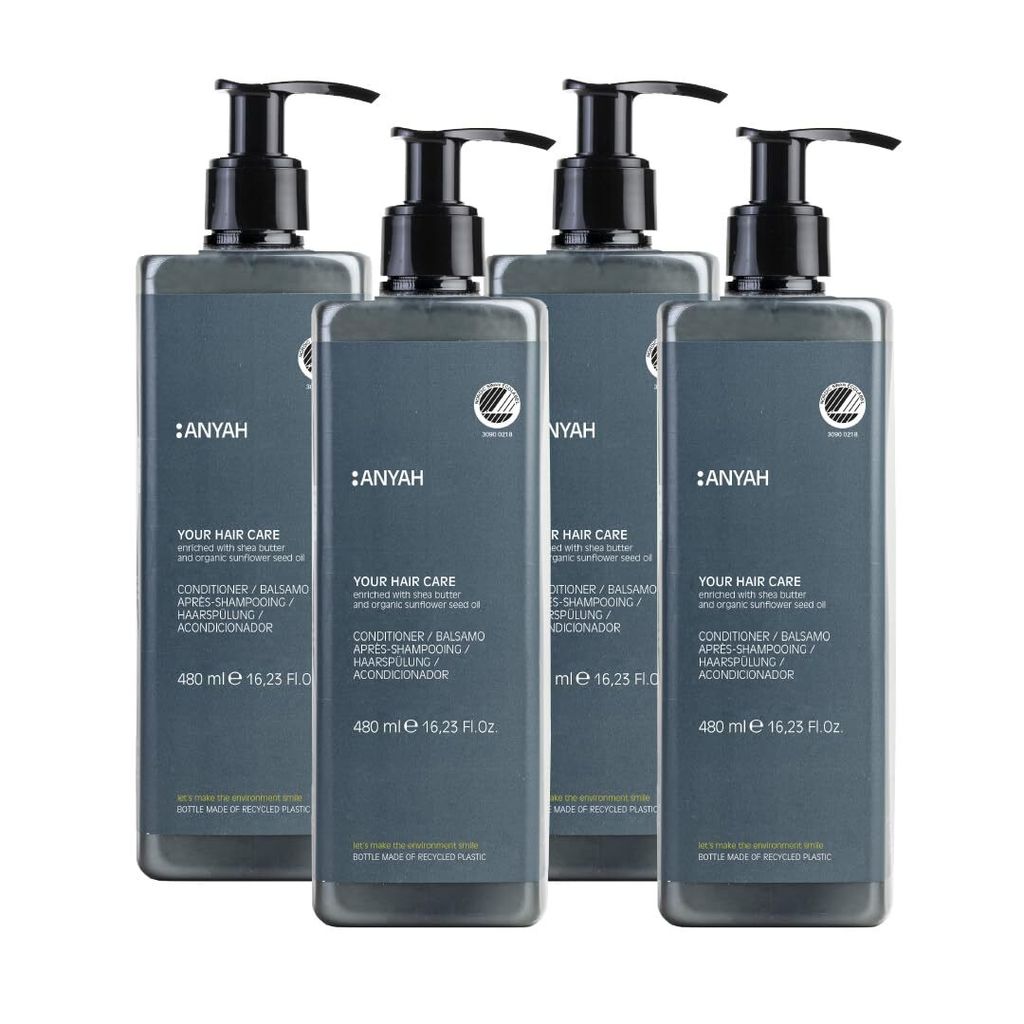 ANYAH Spülung / Conditioner 4 × 480 ml – Feuchtigkeit & Pflege, vegan, mit Sheabutter - Nicht Nachfüllbar