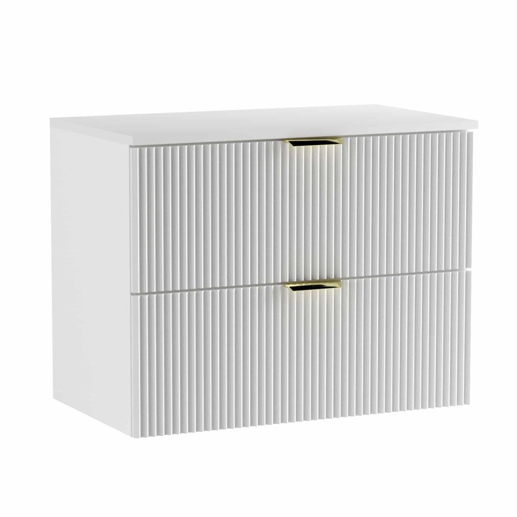 A white vanity cabinet with fluted fronts and gold handles, shown against a white background.