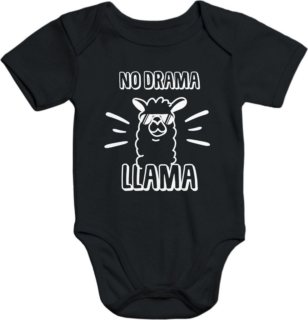 kurzarm Baby-Body mit Lama Aufdruck No drama Llama Spruch Sprüche Quote weiche Baumwolle Moonworks schwarz 0-3 Monate