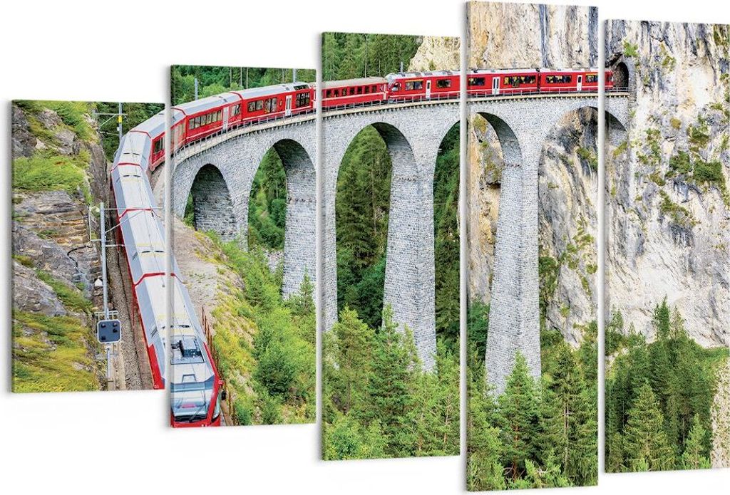 Bild auf Leinwand - Leinwandbild - 5 Teile - Viadukt Landwasser Zug - 150x100cm - Wand Bild - Wanddeko - Wandbilder - Leinwanddruck - Bilder - Wand...
