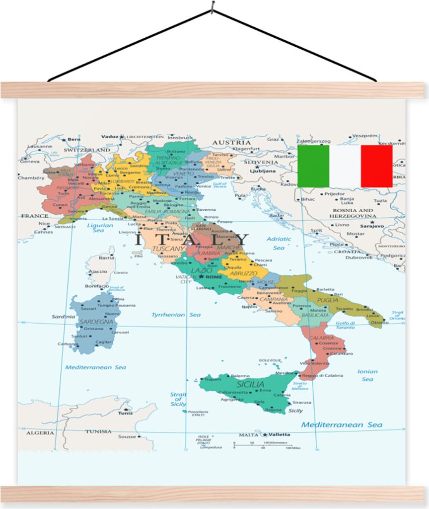 MuchoWow Textilposter Karte von Italien 120x120 cm mit holzfarbenen Rahmen - Textil-Poster