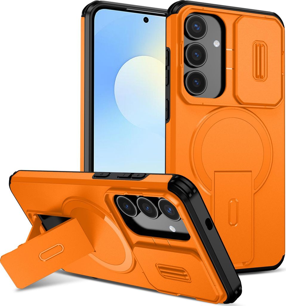 Magnetisch Hülle für Samsung Galaxy S25 FE, Dual Layer Stoßfest Handyhülle mit Dia Kameraschutz, Verstellbarem Ständer Orange